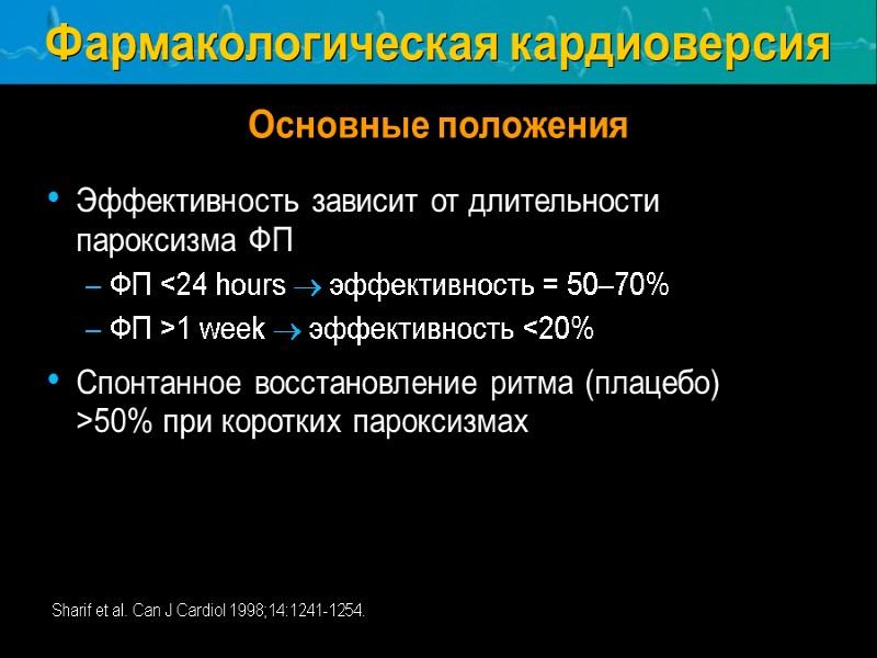 Фармакологическая кардиоверсия Основные положения Эффективность зависит от длительности пароксизма ФП ФП <24 hours ®
